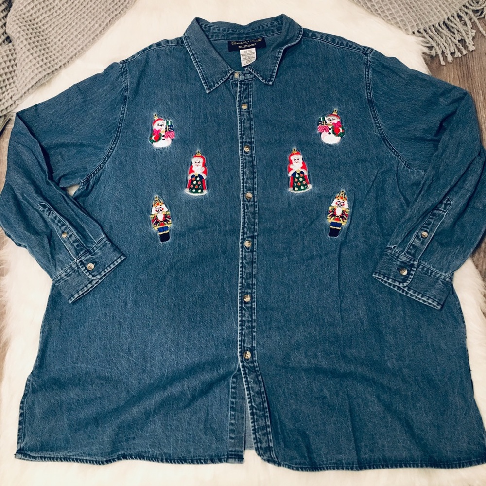 Vtg Christopher Radko Christmas Denim Button Shirt
